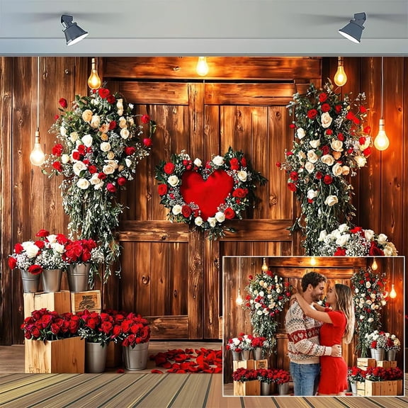 Valentine's Day Backdrop Red Rose Rustic Vintage Wood Door Floral Love Heart Photography Background Valentine Women Girls Decorations Banner Supplies Photo Booth Props