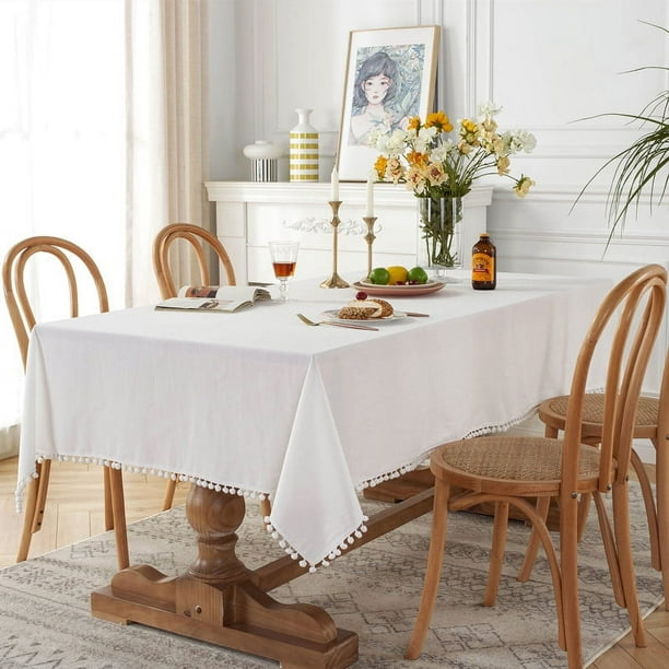 Nvzi Mantel de algodón lavado de color sólido minimalista moderno, mantel de mesa de té con bolas de pelo blanco navideño (blanco, 180 * 140 cm)