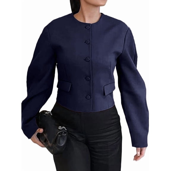 Women'S Short Blazer Button-Down Business Casual Autumn Clothing Winter Outerwear Dark Blue M