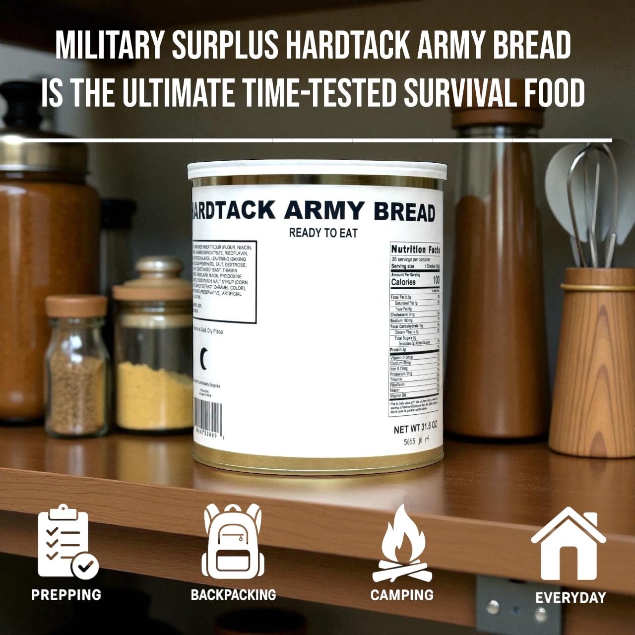 Military Surplus Hardtack Biscuits 6 Pack (#10 Cans) – 30+ Year Shelf Life Emergency Survival Food, 35 Crackers per Can, Long-Term Storage Camping & Prepper Food, Made in USA