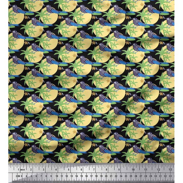 Soimoi Poly Crepe Fabric Bird,Palm Tree & Sun Nature Printed Fabric 1 Yard 42 Inch Wide