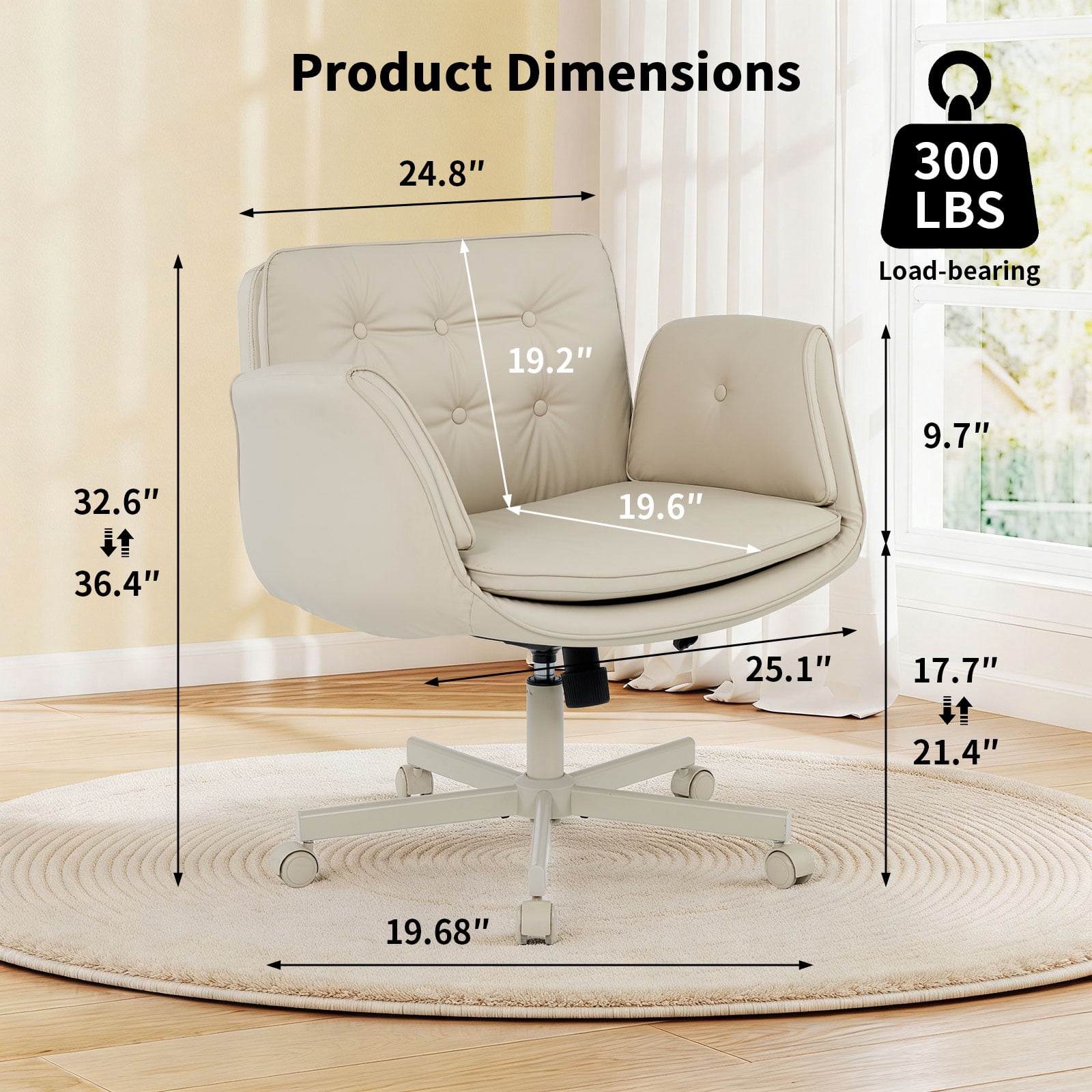 Ebello Oversized Vanity Chair with Foldable Arms, Criss Cross Design Big & Tall Desk Chair - 300 lbs Capacity, Swivel Computer Chair with Wheels for Office, Cream