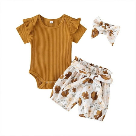 

Fesfesfes Newborn Baby Girl Ruffle Sleeve Ribbed Top Printed Shorts Headband Suit