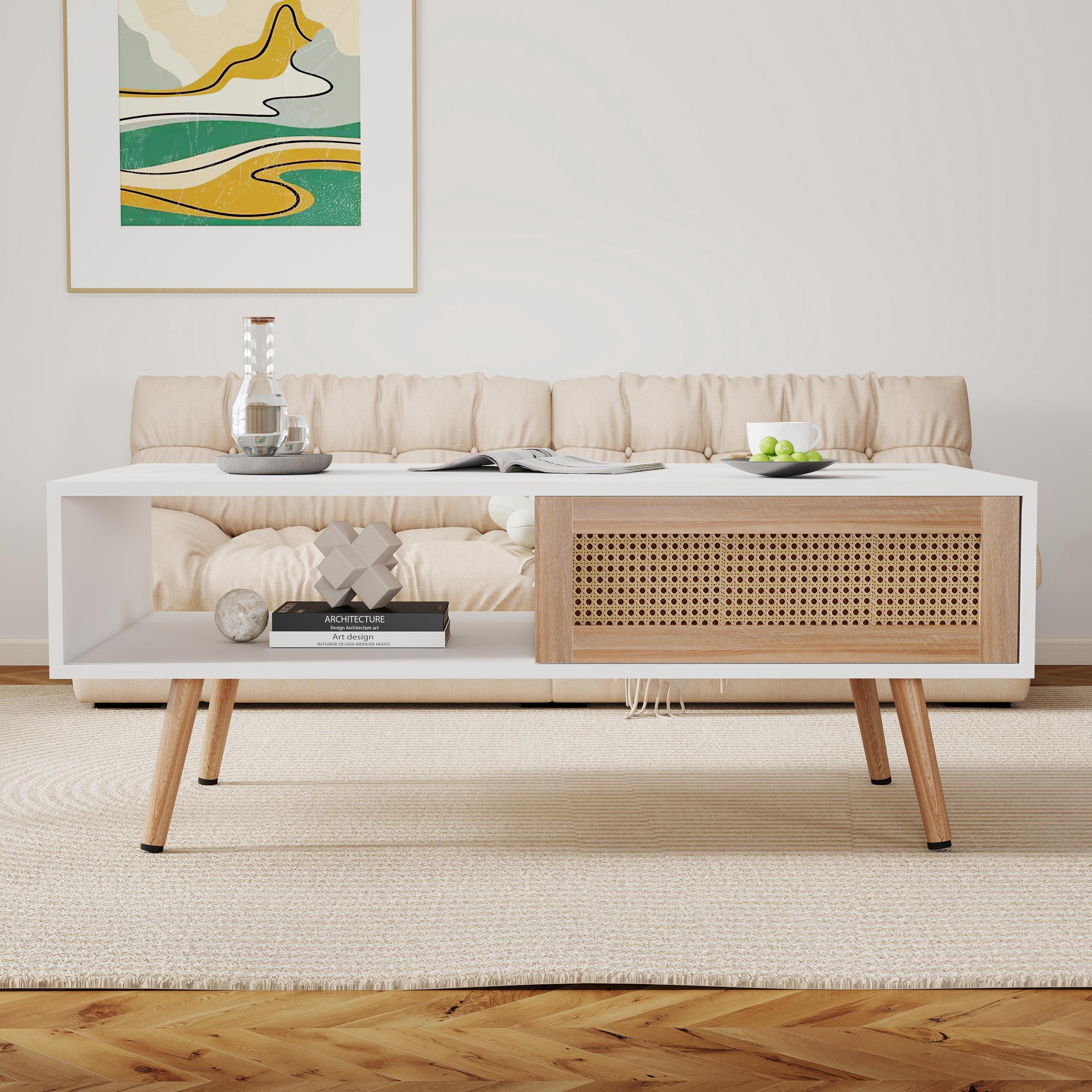 PAPROOS Rattan Coffee Table with Sliding Storage Door, Solid Wood Legs - Ideal for Living Rooms, White