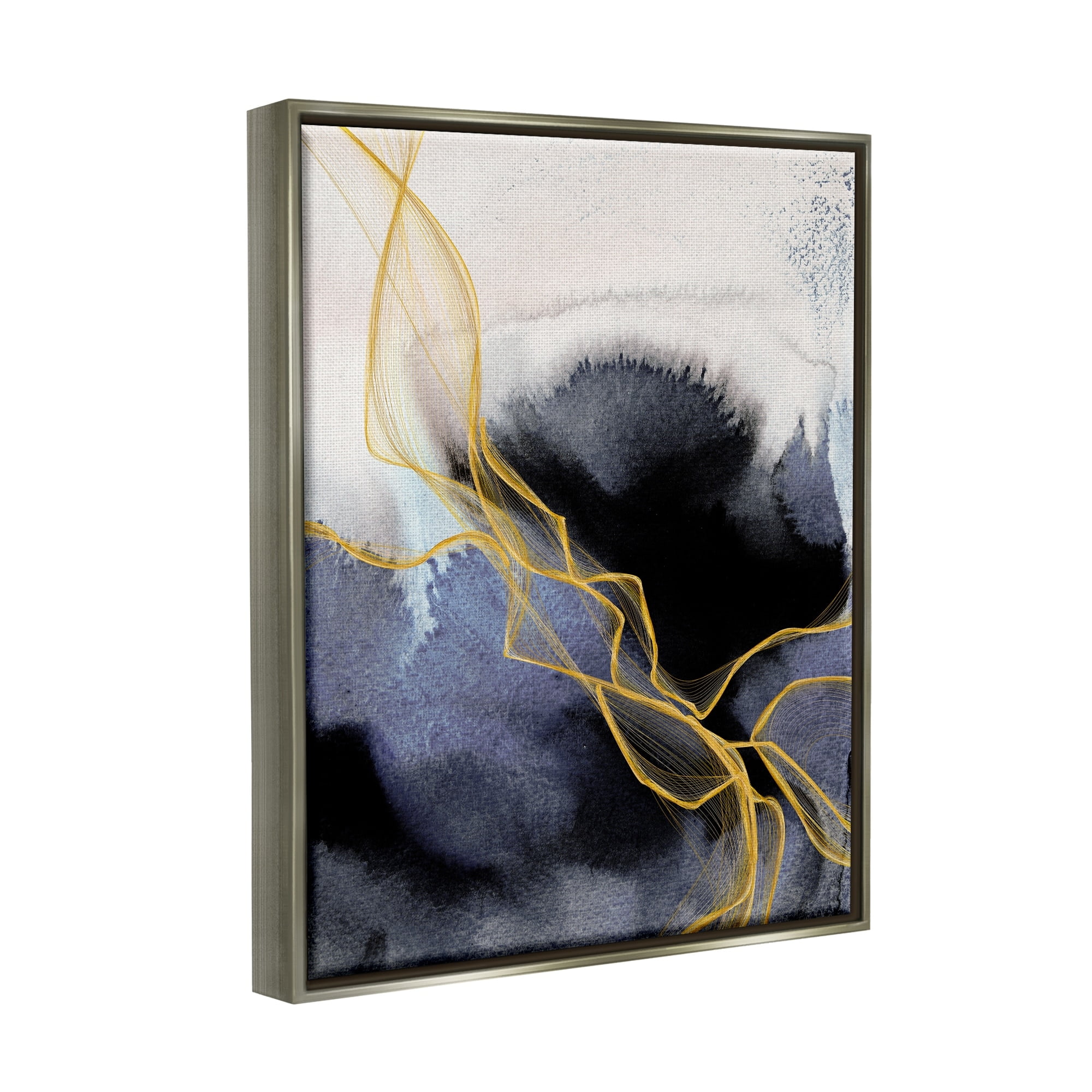 Stupell Industries Modern Coastal Abstract Organic Lines Blue Gold Luster Gray Framed Floating Canvas Wall Art, 24x30, by Irena Orlov