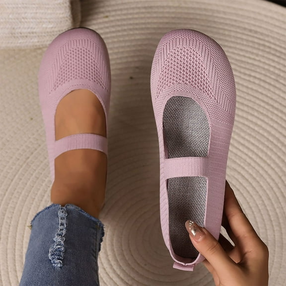 RUIYANQI Women's Knit Mary Jane Flats Elastic Strap Design Breathable Footwear Comfortable Walking Shoes Trendy Fashion Casual Ballet Flats Pink Women Sandals