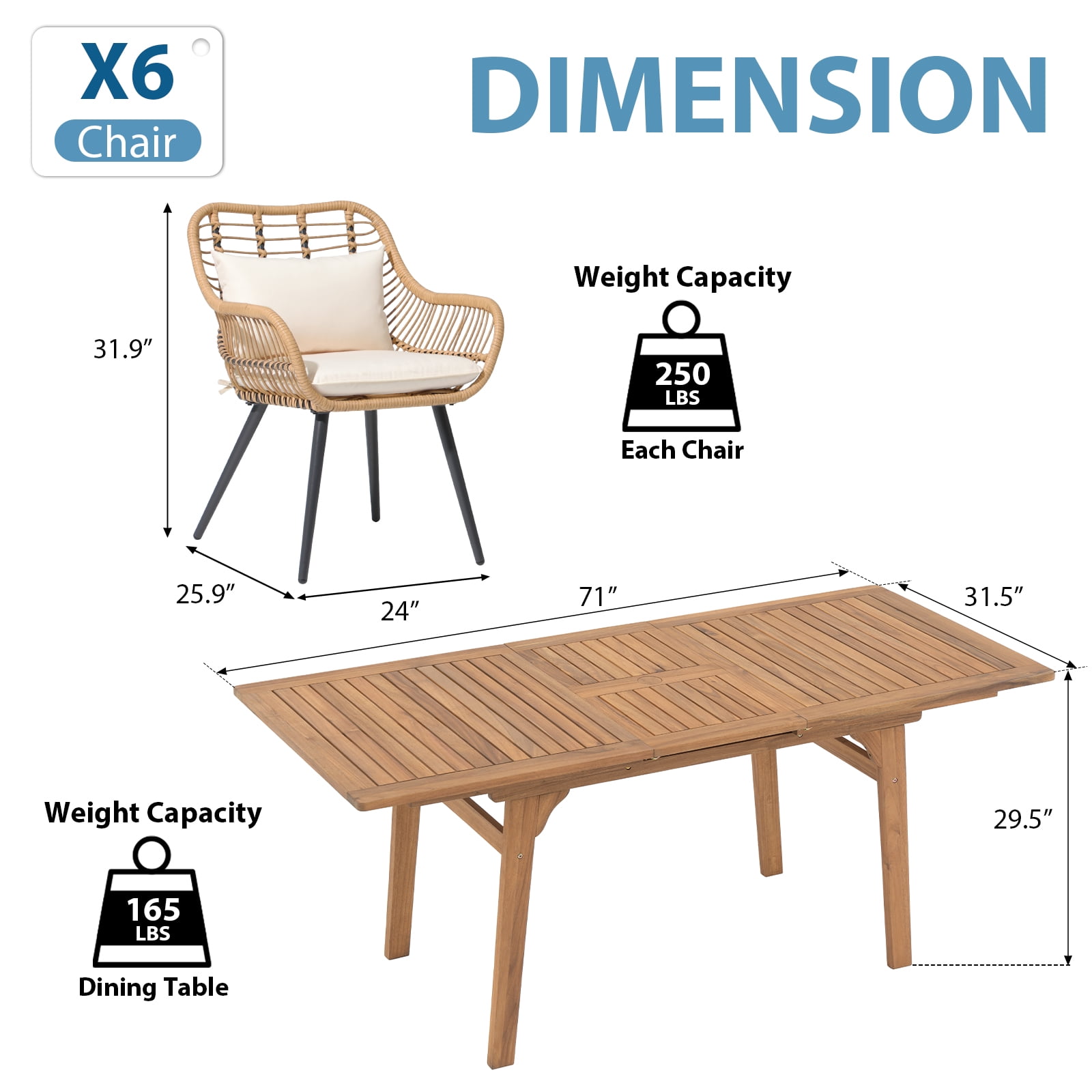 Outdoor Dining Set for 6, Extendable Wooden Table with Wicker Patio Chairs, 7-Piece Patio Outdoor Furniture Set for Deck, Garden, Backyard, Creamy White