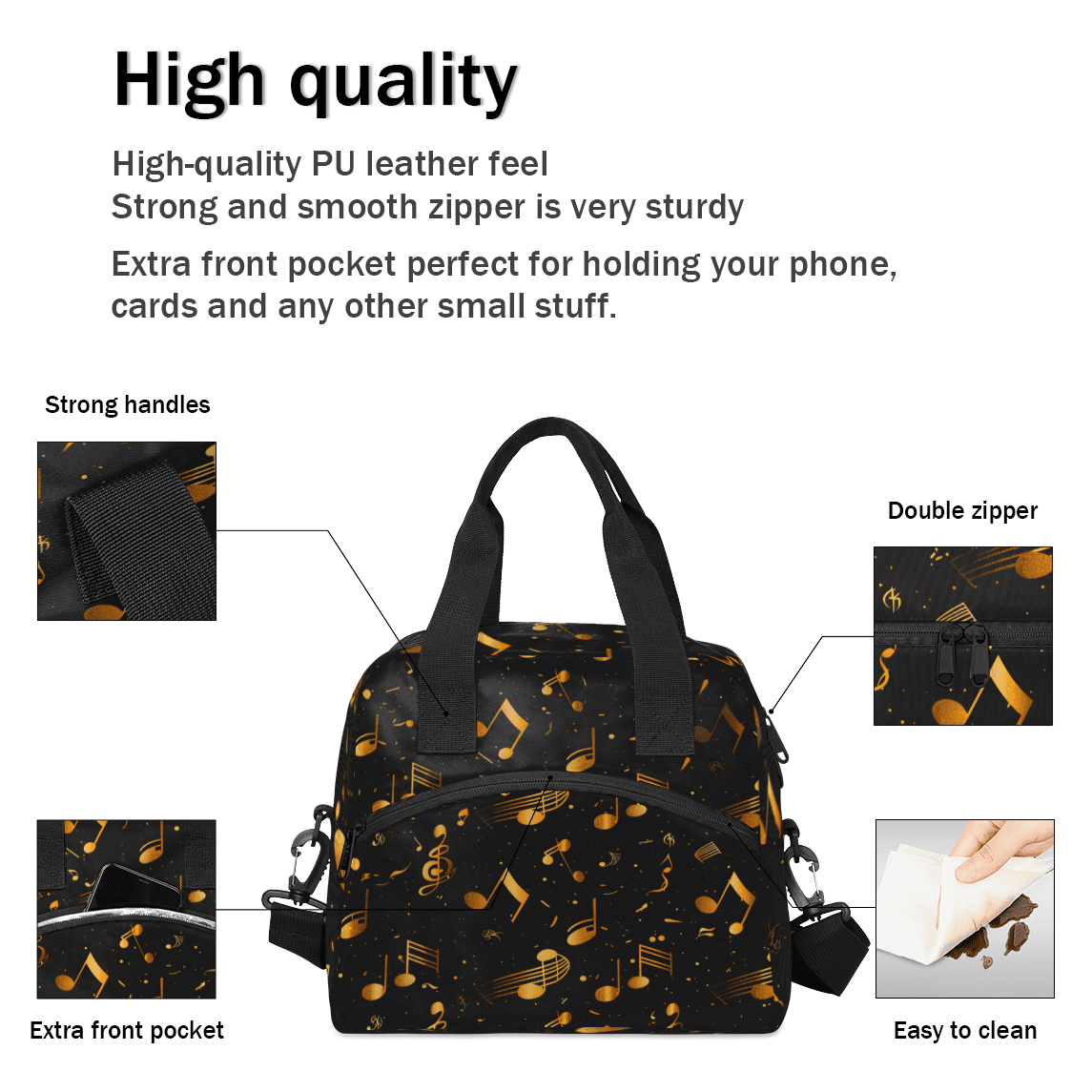 Herdesigns Music Insulated Lunch Bag for Women Men Adults Large Reusable Lunch Box Gold and Black Musical Notes Leakproof Cooler Tote Bags with Adjustable Shoulder Strap