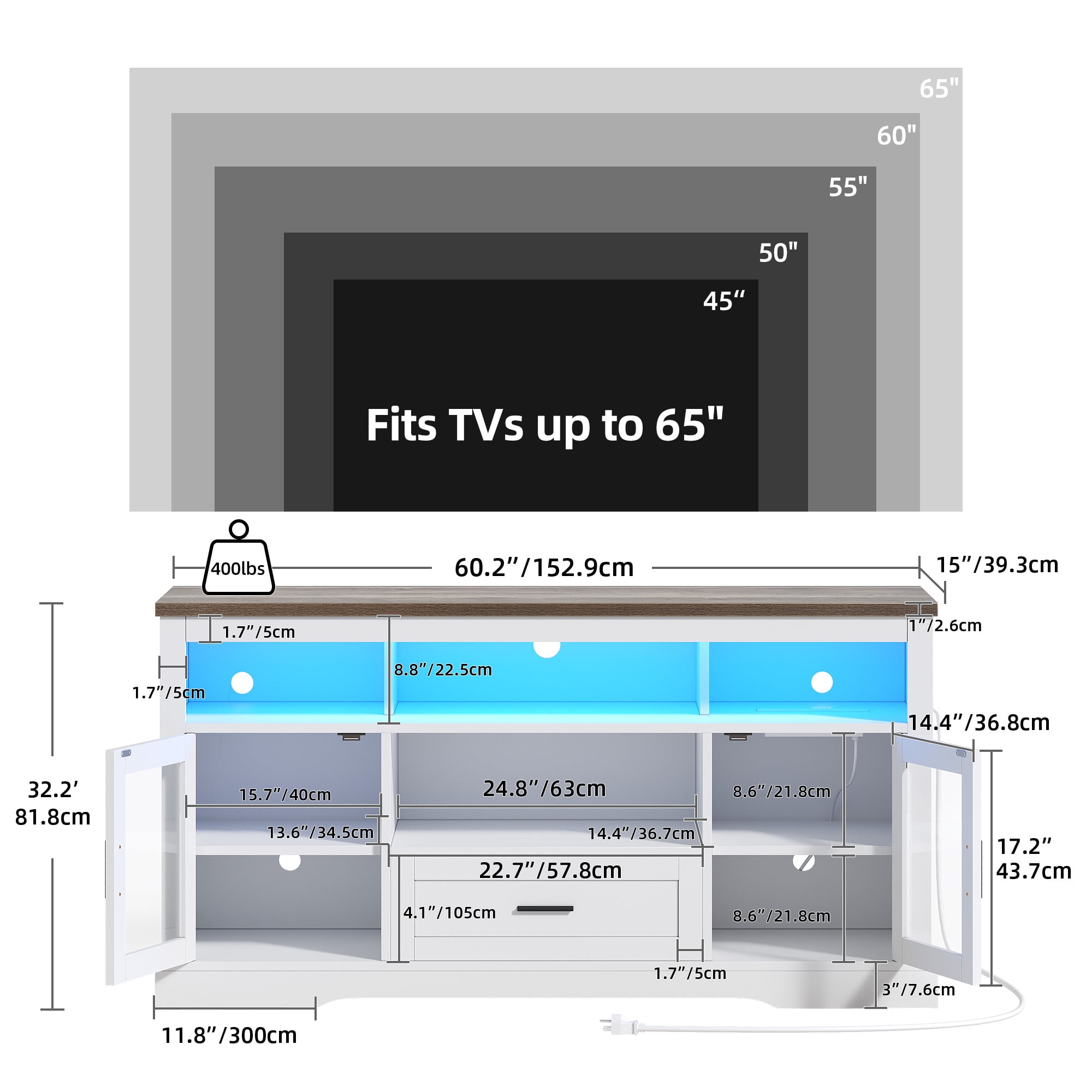 Dextrus LED TV Stand for TV up to 65", Highboy Entertainment Center w/Outlets & USB Ports, White