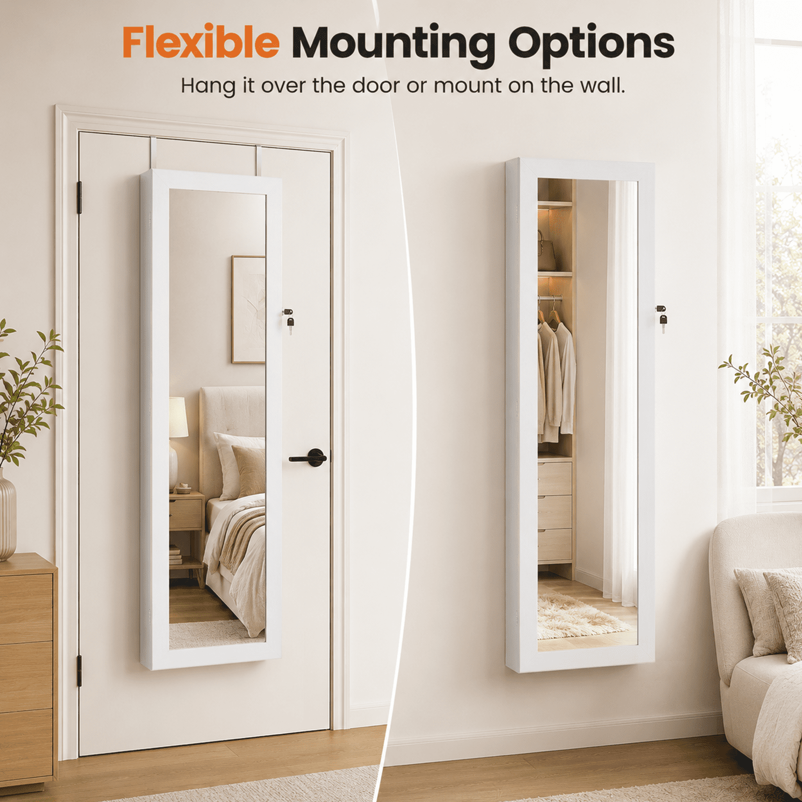 Alvantor Wall/Door Mount LED Mirror Jewelry Organizers and Storage, Lockable Makeup Storage Cabinet, White