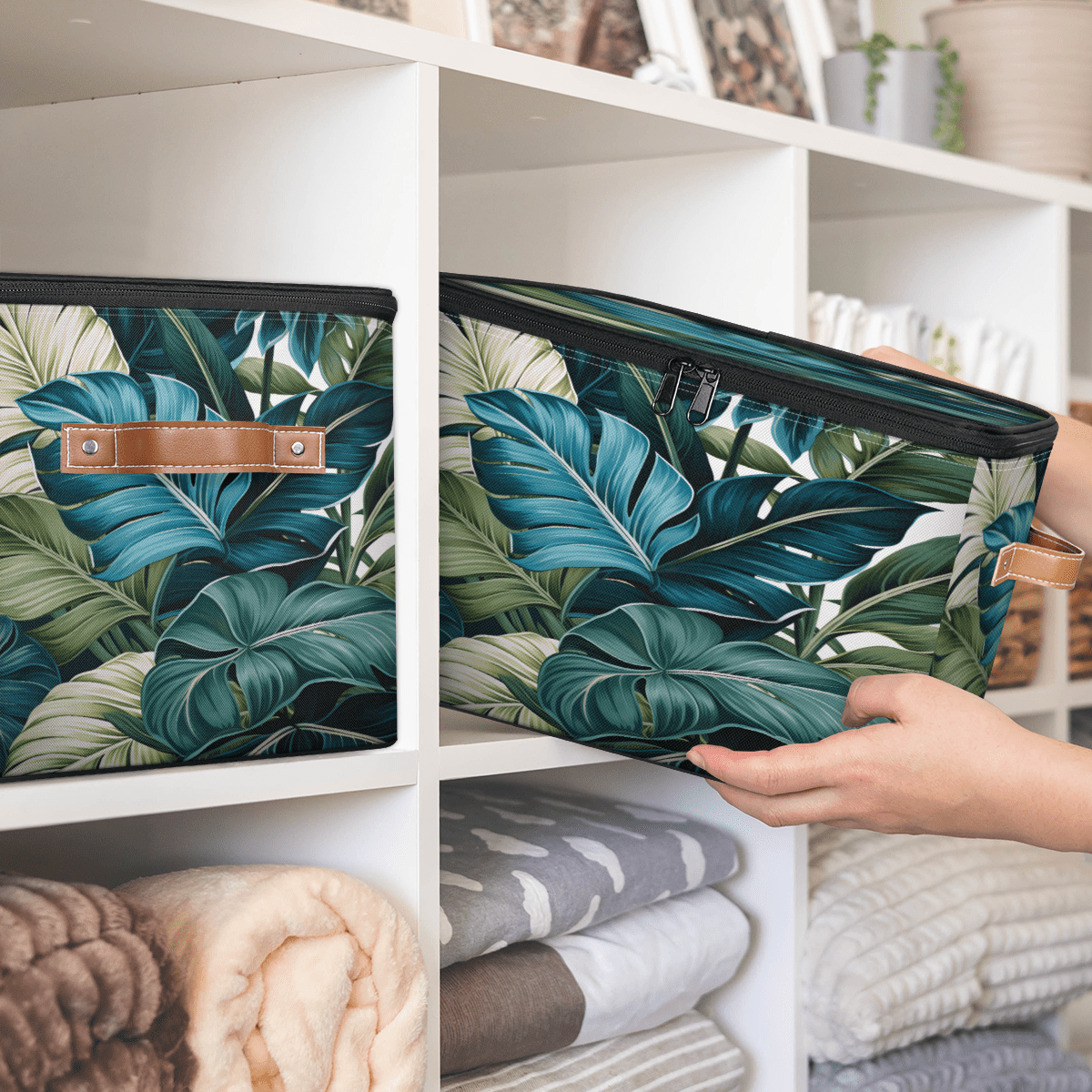 ADECORIVY Blue Green Leaves Storage Bin with Zipper Lid, Fabric Foldable Shelf Baskets Boxes, Closet Lidded Storage Bins, Decorative Clothes Organizer for Bedroom Home