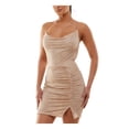 thumbnail image 3 of B DARLIN Womens Beige Glitter Ruched Slitted Lined Open Back Pullover Spaghetti Strap Cowl Neck Mini Party Body Con Dress XXL, 3 of 4