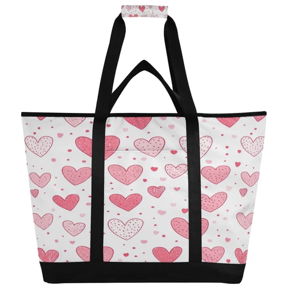 WOBOGO Valentine Day Pink Hearts Pattern Tote Cooler Bag Fold Flat Insulated Shopping Bag With Zipper For Work Picnic Beach Use 18×6.7×24in