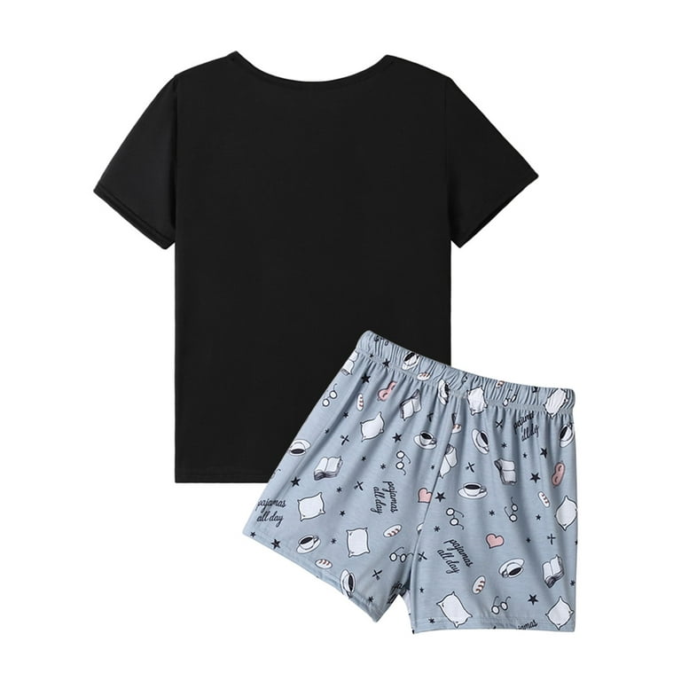 MyFav Women's Cute Cartoon Print Tee and Shorts Pajama Set,M