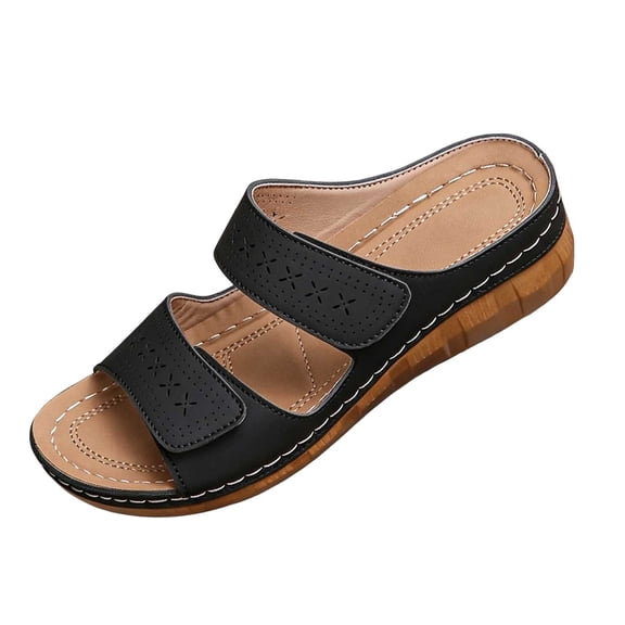 CYMMPU Women's Double Strap Hollow Wedge Slide Sandals, Open Toe Adjustable Platform Slip On Slippers, Summer Outdoor Shoes Black 36