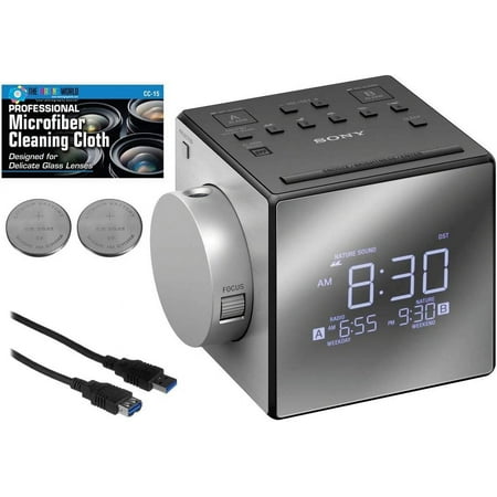 Sony ICF-C1PJ Alarm Clock with AM/FM Radio, Time Projection, Soothing Nature Sounds, Extendable Snooze, LED Display with Adjustable Brightness, USB Port and Built-in Calendar + Extra Batteries + Cable