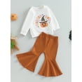 thumbnail image 3 of Arvbitana Toddler Girls Halloween Casual Outfit Set Baby Long Sleeve Pumpkin Print Sweatshirt Tops +  Solid Color Elastic Flare Pants Kids 2-Piece Outfits 6M-4T, 3 of 9