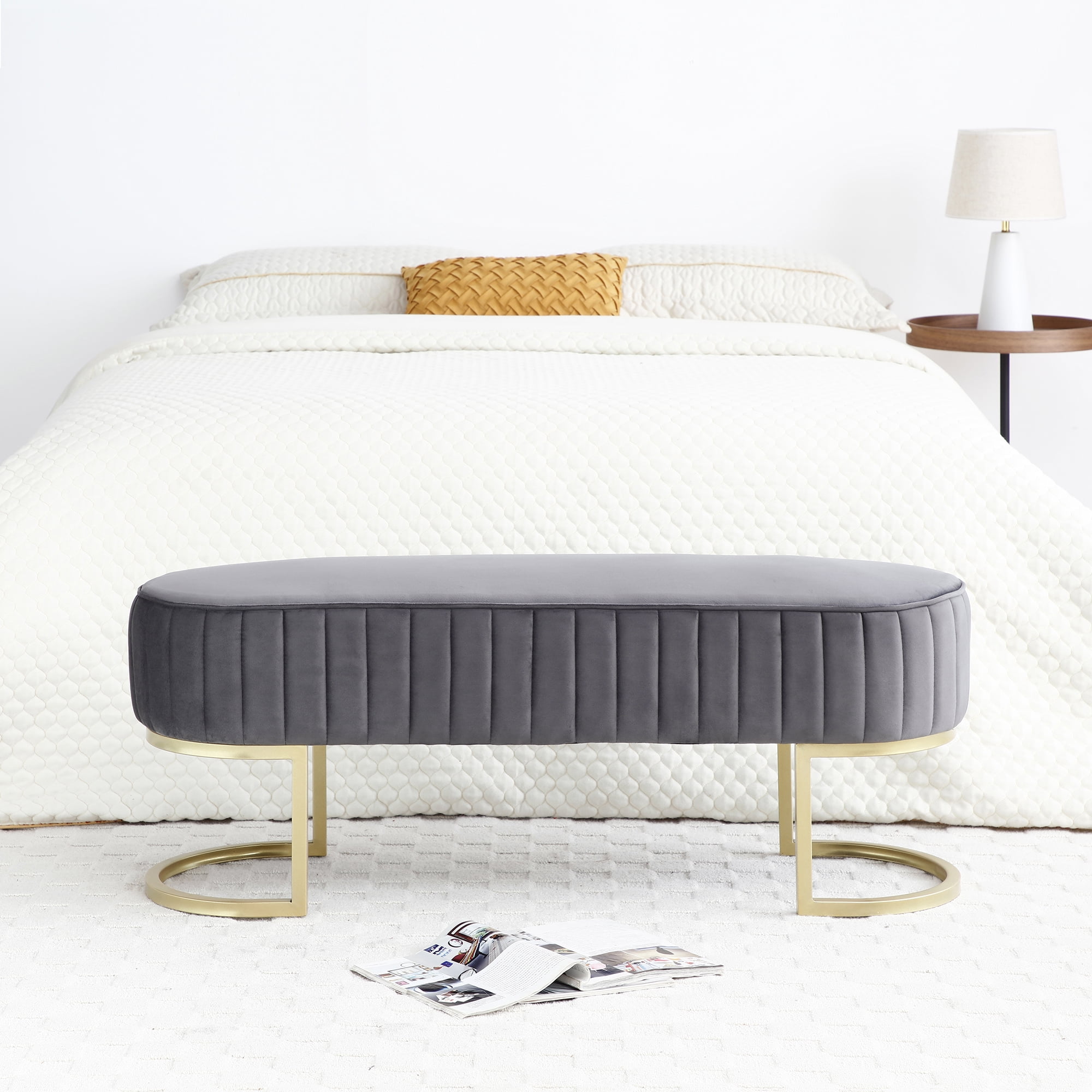 Miniyam Bench Bedroom Bench,Velvet Oval Upholstered End of Bed Bench with Golden Metal Legs,Gray