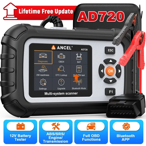 ANCEL AD720 4 System OBD2 Scanner Car Diagnostic Tool 12V Battery Tester Check Engine ABS SRS Transmission Code Reader, WIFI Lifetime Free Update