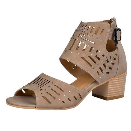 

Womens Gladiator Cutout Sandals Sandals with Adjustable Ankle Buckle Fish Mouth Chunky Heel Rhinestones Pumps Shoes Summer Solid Color Sandals Brown 4.5
