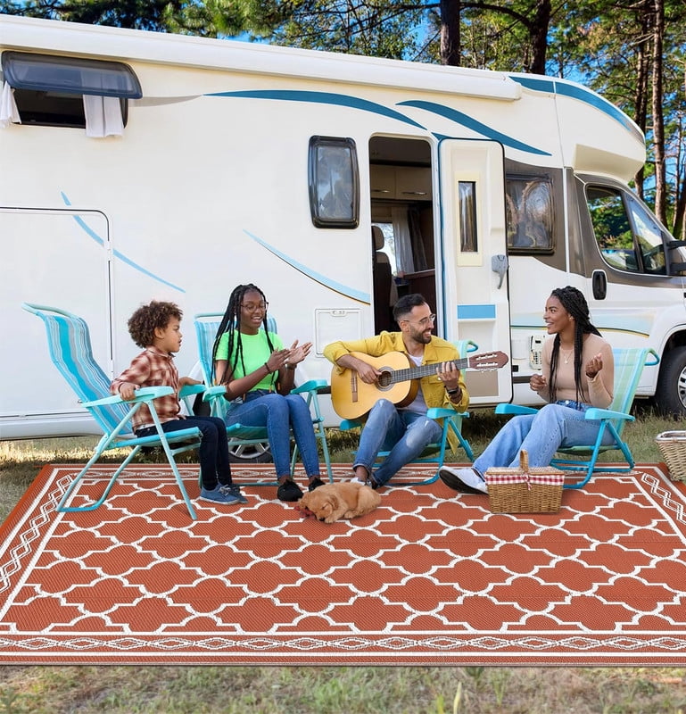 Towallmark 9x12 Outdoor Rug Waterproof, Reversible Plastic Straw Patio Mat with Carry Bag, Portable Camping Rugs for RV Backyard Deck, Easy Cleaning Outside Carpet for Picnic, Orange