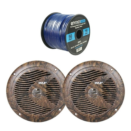 Pyle 6.5' Full Range - 4x Pyle Marine 6.5'' Round Waterproof Full Range Camo Hunting Style Speakers, 16-Gauge 50 Foot Tinned Speaker Wire