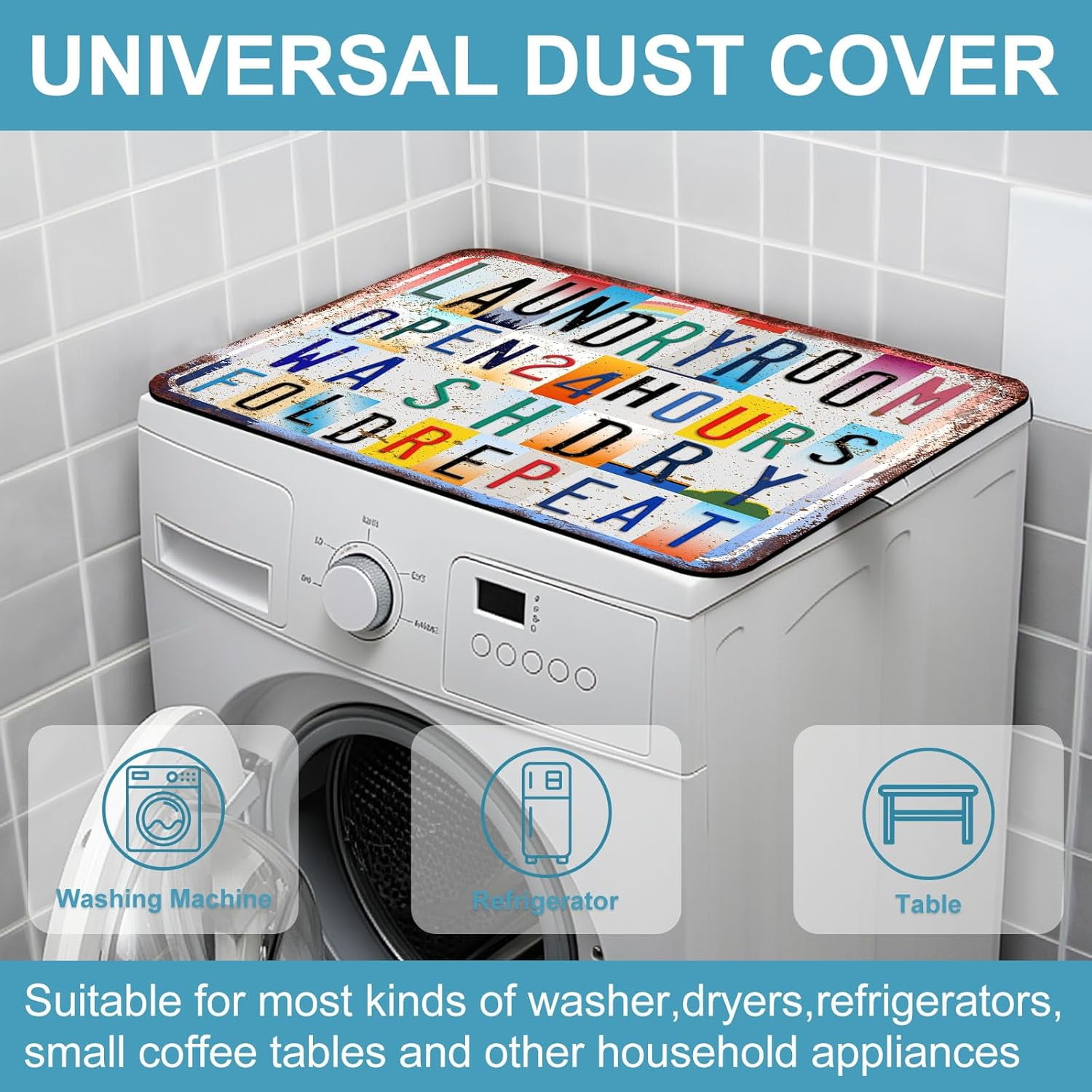 Non-Slip Washer & Dryer Top Cover Protector Mat Dust-Proof Washing Machine Cover Pad With Vintage Multicolor Laundry Sign Design Universal 23.6"x19.7" for Laundry Room & Kitchen Decor