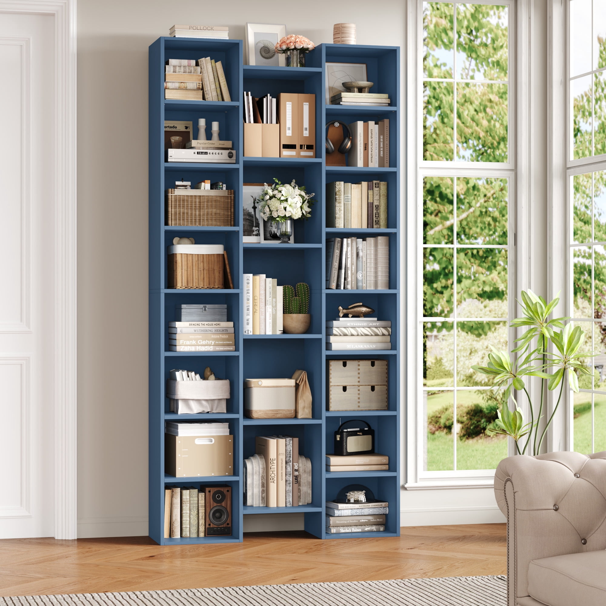 Homfa 21-Cube Bookcase, 71’’ Tall Wooden Bookshelves with Adjustable Shelves, Triple Wide CD Display Storage Organizer Shelf for Home Office, Blue