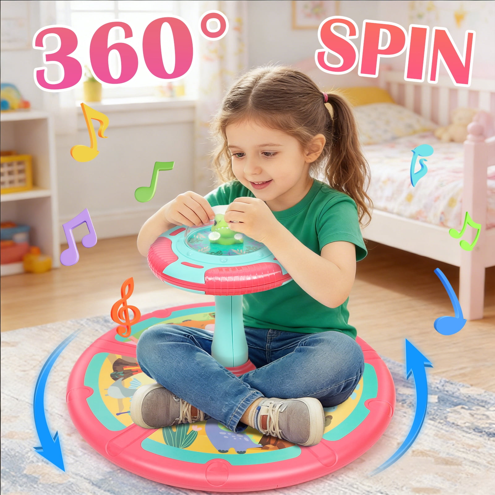 Wdmiya Pink Dinosaur Sit and Spin Toys for Toddlers 1-4, 360° Spinning Seat Activity Toy with Light and Music, Christmas Birthday Gifts for boys and girls, Kids Twister Toy