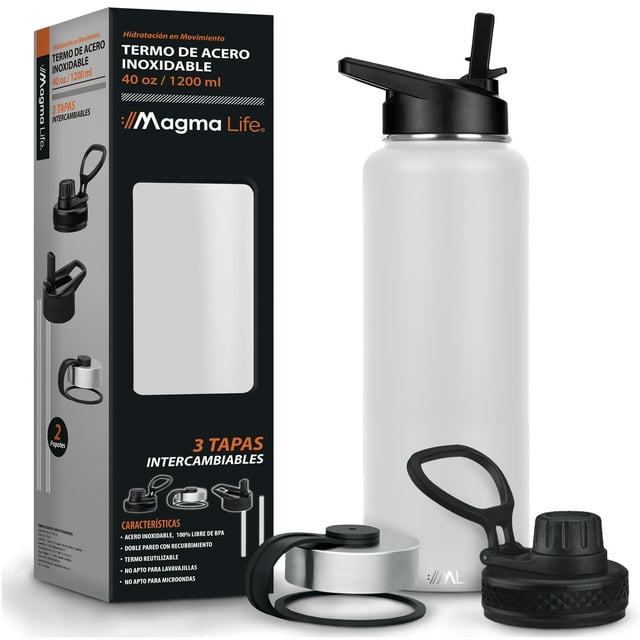 Termo para Café y Agua de Acero Inoxidable 40 Oz (1200 ml): Contiene 3 Tapas para Diferentes tipos de Bebidas, Ideal para Mantener la Temperatura Deseada (White)