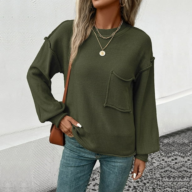 Suéter de cuello redondo para mujer, informal, de moda, de manga larga, cuello redondo, color liso, tejido con mangas farol, blusa para mujer