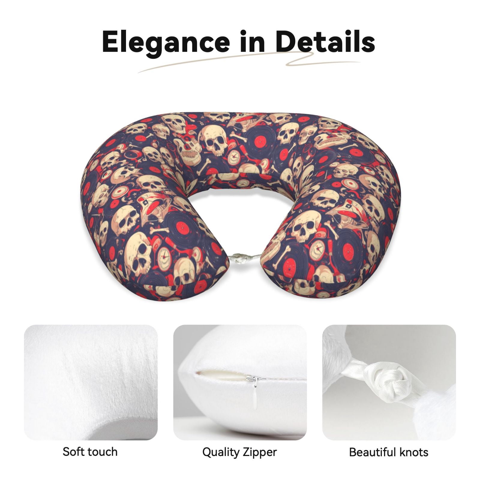Xecao Skull rock music record Print Memory Foam Cervical Neck Pillow Versatile U-Shaped Pillows for Home,Office,Camping,Travelling,Soft Washable Cover
