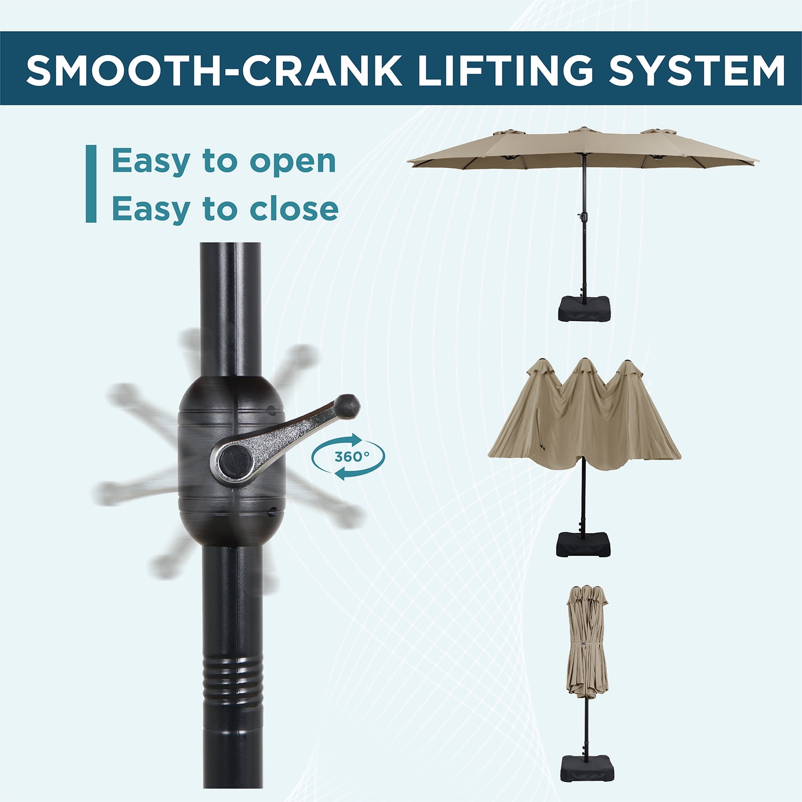 AE Outdoor 15FT Triple-Head Patio Umbrella with Base & Sandbags – Double-Tier Vented Canopy, Smooth Crank Lift, UV & Water Resistant Fabric – Perfect for Outdoor Dining, Poolside