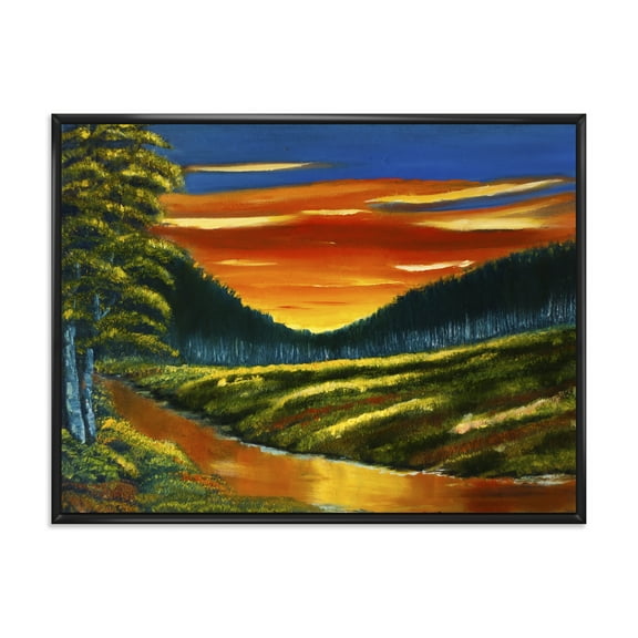 Designart 'Warm Coloured Sunset Glow Above The Lotus Swamp' Traditional Framed Canvas Wall Art Print