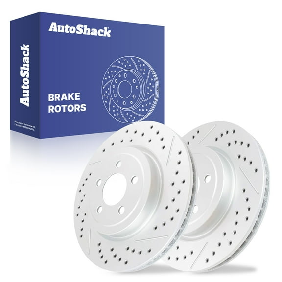 AutoShack Front Vented Drilled & Slotted Coated Brake Rotors Silver Matte Finish 2-PC Set Replacement for 2006-2023 Dodge Charger 2005-2023 Chrysler 300 TurboGuard 13.57" (344.8 mm)
