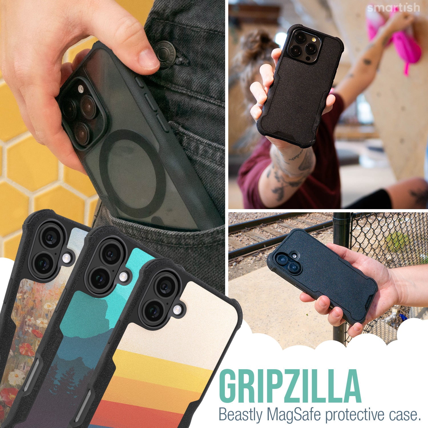 Smartish® iPhone 16 Plus Protective Magnetic Case - Gripzilla Compatible with MagSafe [Rugged + Tough] Heavy Duty Armor Slim Cover w/ Drop Tested Protection for Apple iPhone 16 Plus - Striped Up