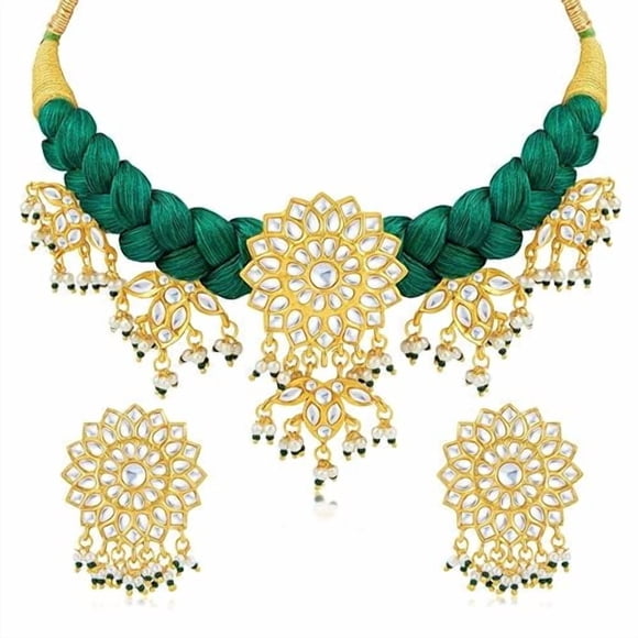 Gorgeous Gold Plated White Kundan Thread Necklace Set With Earrings For Women