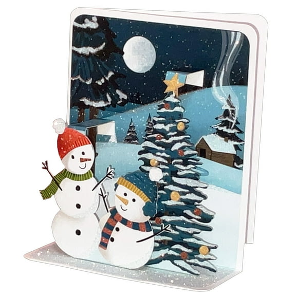 Pictura Two Snowmen and Snow Covered Evergreen Tree 4 3/4 Inches Tall 3D Pop-Up Christmas Card