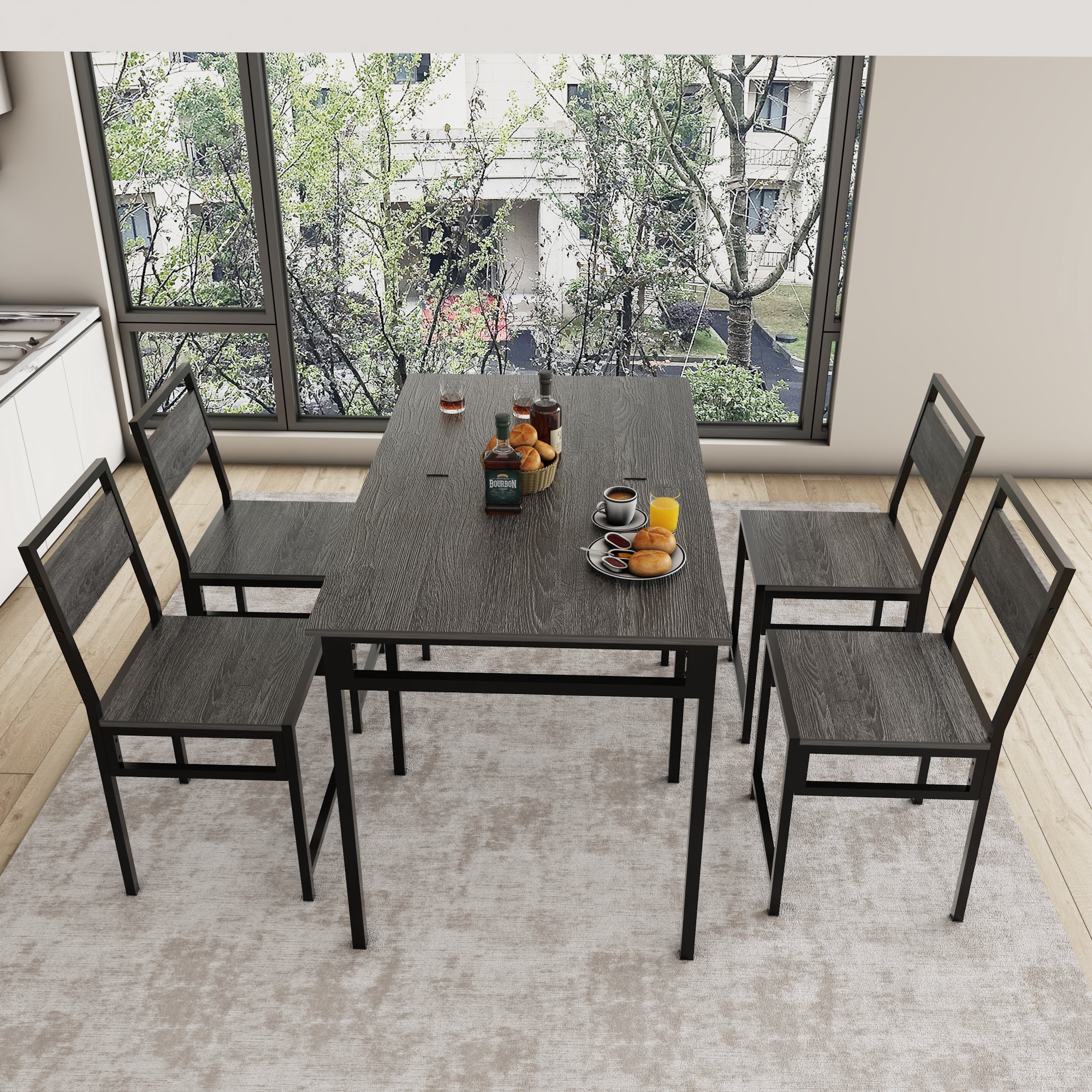 HOQBN Extendable Dining Table Set with 4 Chairs, Industrial Rectangular Kitchen Table,Wood Grain Metal Frame Space Saving Dinner Furniture for Small Family Apartment,Charcoal+Grey