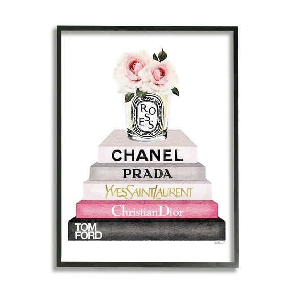 The Stupell Home Decor Collection Book Stack Fashion Candle Pink Rose Framed Giclee Texturized Art, 16 x 1.5 x 20