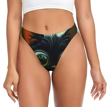 Rateoe Cute Big-Eyed Black Cat Pattern Seamless Women Underwear Thongs No Show Ladies Thong No Line Breathable Comfortable Panties Undies for Women-Medium
