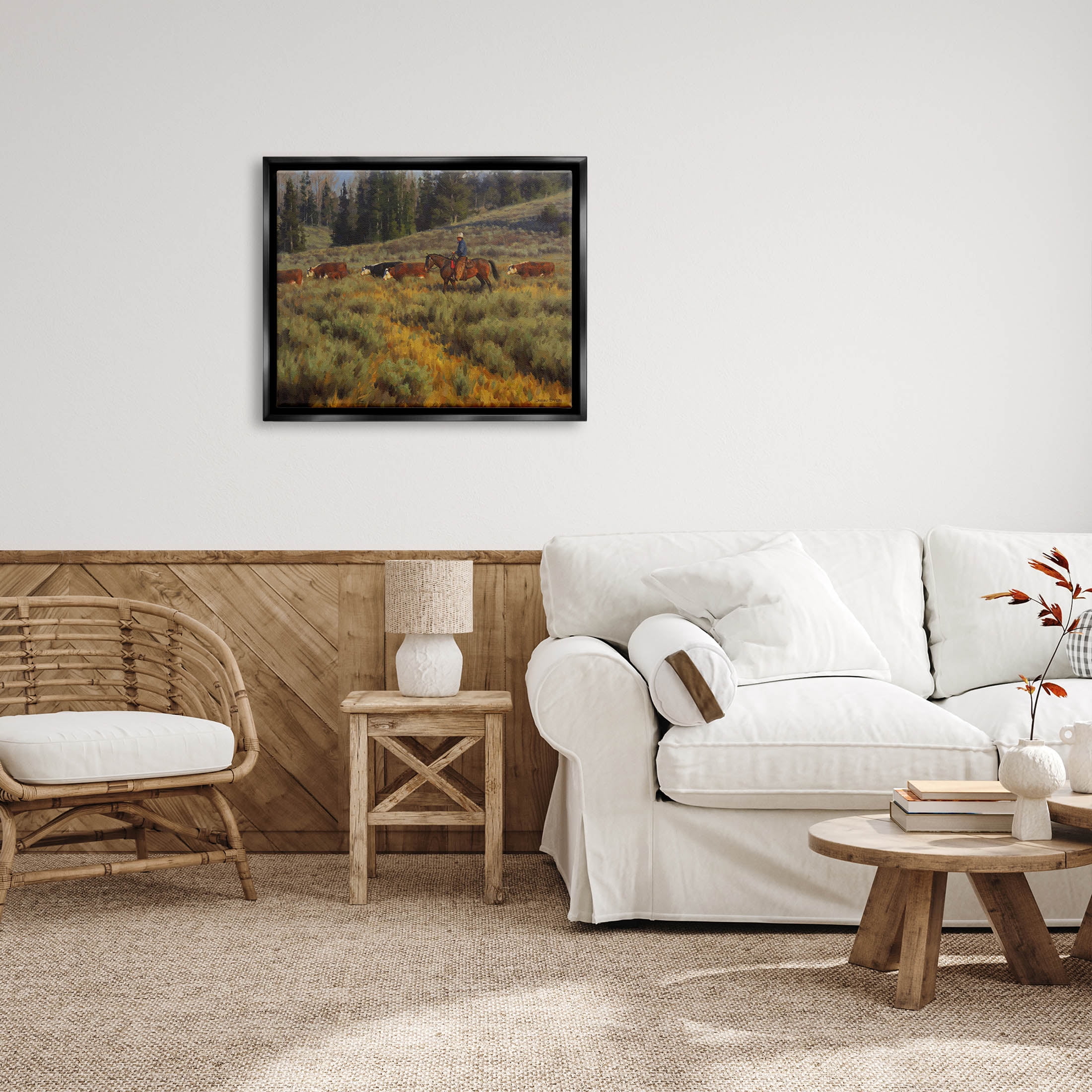 Cowboy Leading Cattle Meadow Animals & Insects Painting Jet Black Framed Art Print Wall Art