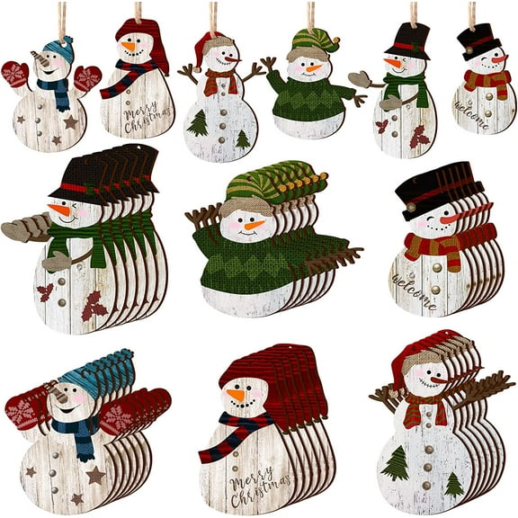 Snowman Christmas Tree Ornaments Decorations Christmas Tree Wooden Hanging Ornaments Winter Snowman Hanging Ornament with Lanyard for Christmas Tree Decor Xmas Holiday Party Favor Supplies (36Pcs)