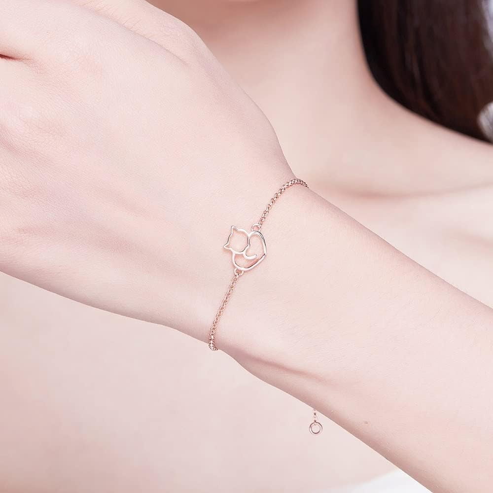 925 Sterling Silver Chain Bracelet with Cat Love Heart Charm Adjustable Plated Gold Bracelets with Chain Length 6.5in-7.9in, Best Jewelry Gift for Girls Women Cat Lovers