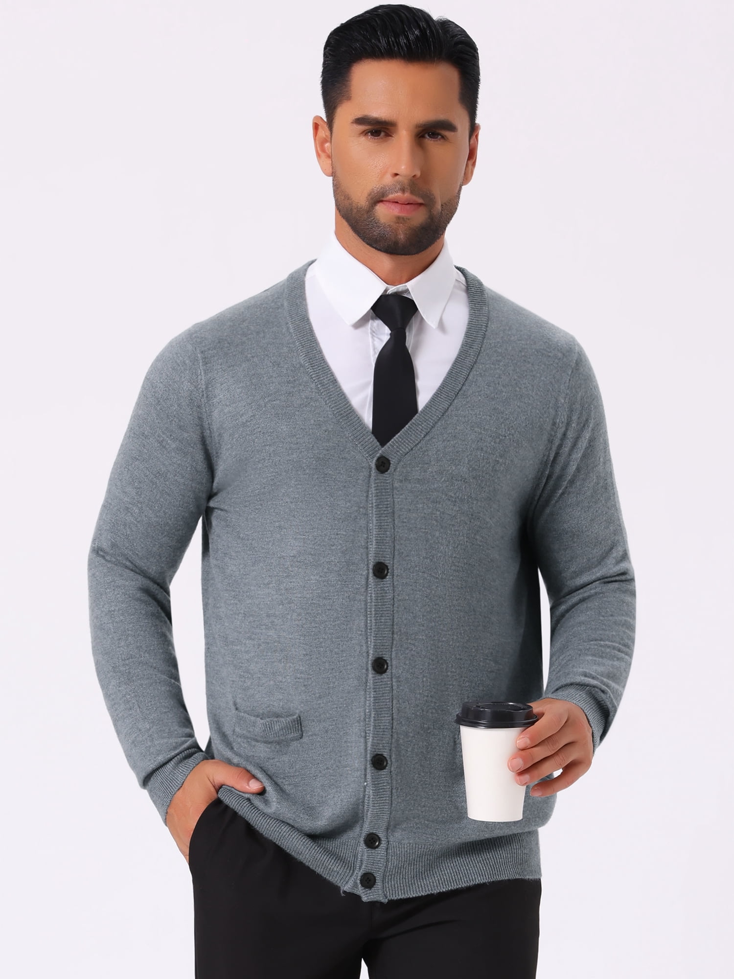 DARING DIVA Men's V Neck Long Sleeved Button Down Knit Sweater with Pockets M Light Gray