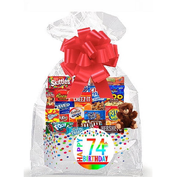 CakeSupplyShop Item#074BSG Happy 74th Birthday Rainbow Thinking Of You Cookies, Candy & More Care Package Snack Gift Box Bundle Set - Ships FAST!