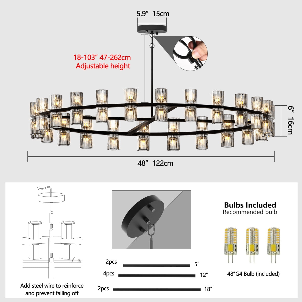 48-Inch Luxury Crystal Chandelier with Dual Ring LED Lighting for Living Room & Dining Room Decor Energy Efficient Included Bulbs Easy Installation Black