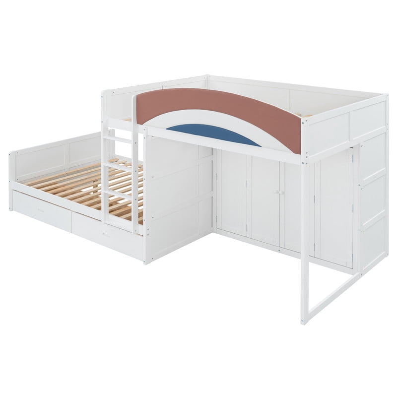 Full-Over-Full Size Offset Bunk Bed with Wardrobe & Built-in Hanging Rod, Storage Kids Bed Frame with 2 Drawers & Guardrail