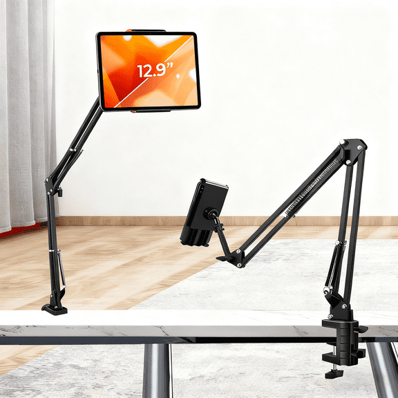 TIKBBRMG Phone Holder for Desk Bed, Adjustable Tablet Phone Stand Kindle with Flexible Tablet Arm Clamp Compatible with iPhone 17 16 15 Pro iPad Kindle Galaxy Tab 4.7-12.9 inch Devices