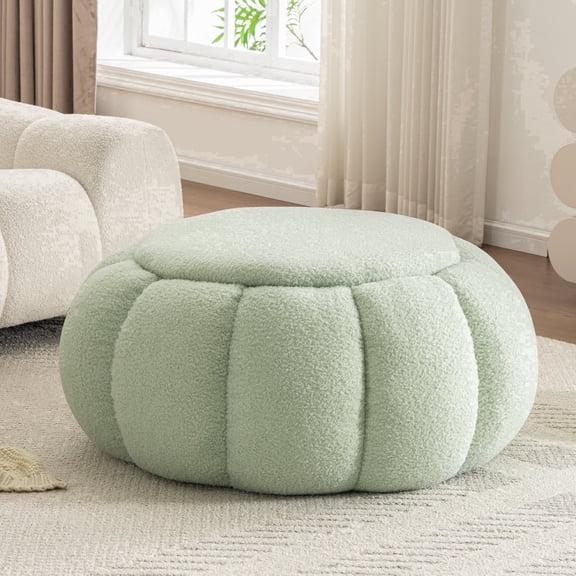 Hobooment 34" Oversized Round Teddy Ottoman Plush Upholstered Cocktail Ottoman Foot Rest Combo Soft Faux Fur Round Ottoman for Living Room Bedroom, Green